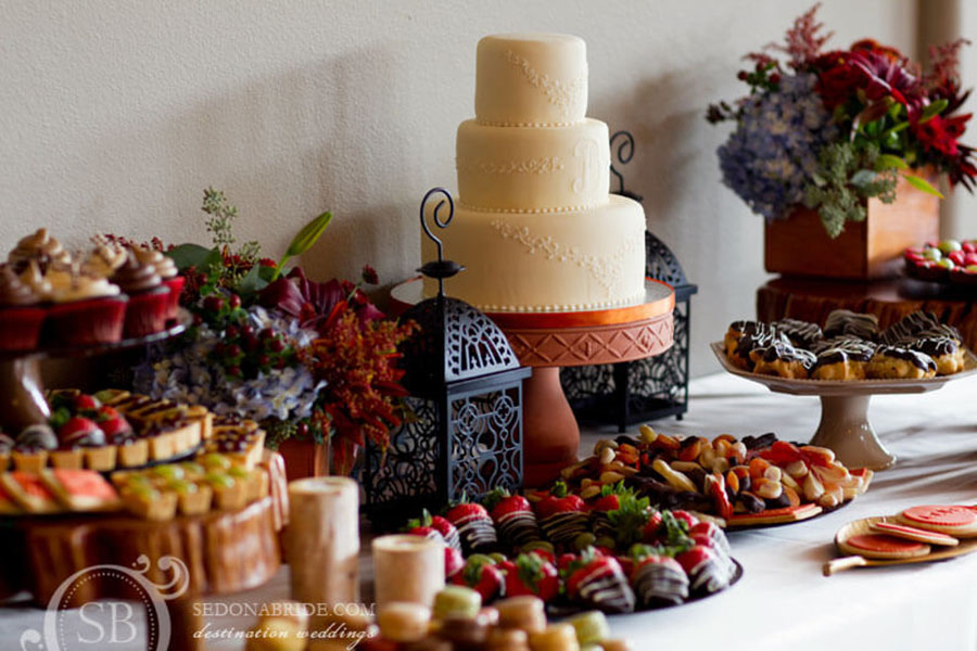 Stunning dessert spread for a wedding at Sedona Golf Resort, featuring a variety of elegant sweet treats.