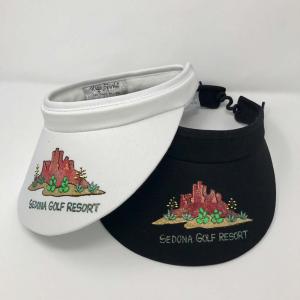Women's visors in white and black with course logo printed on the front